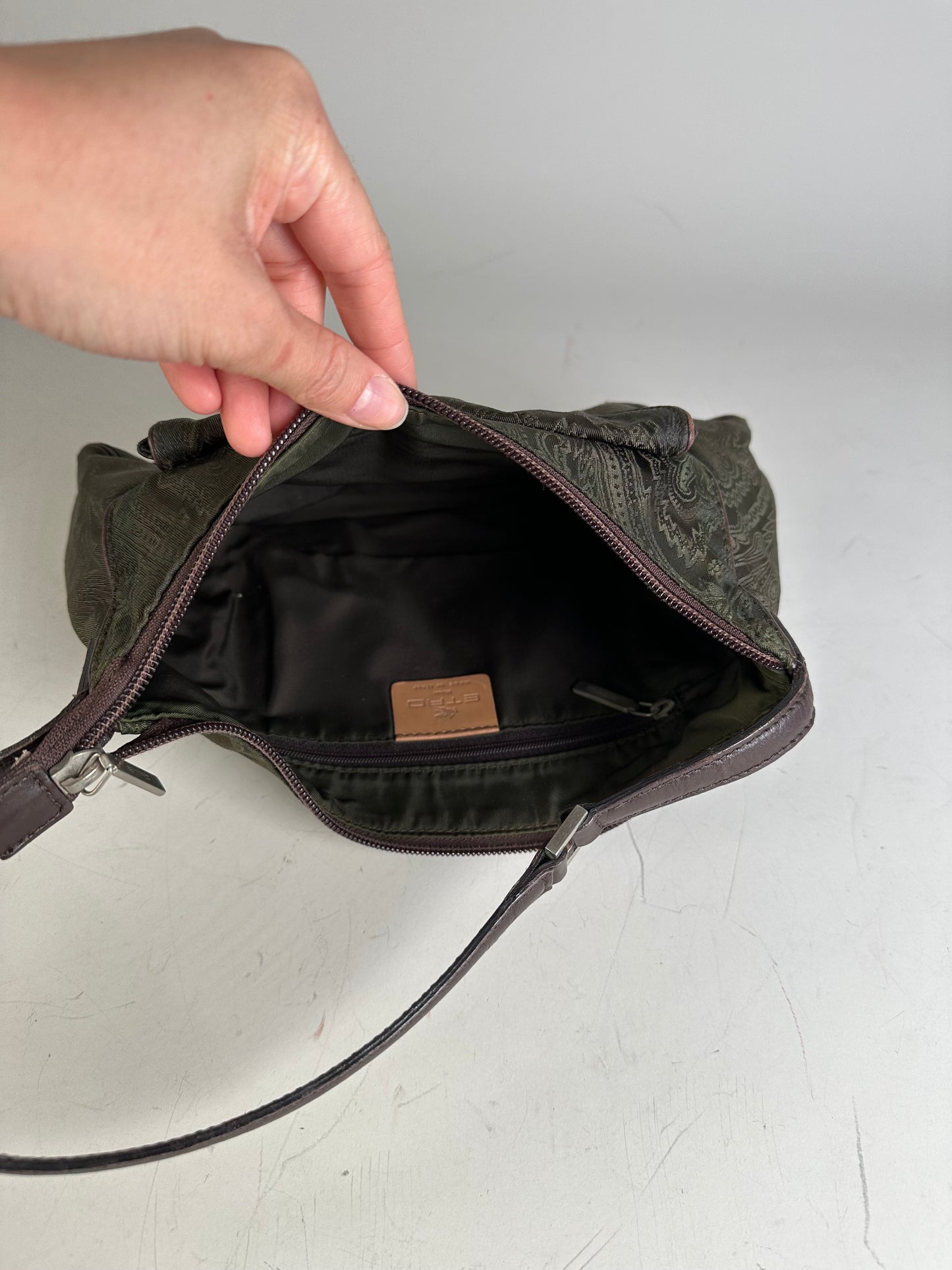Vintage Etro Silk Blend Shoulder Bag Olive Brown Silver