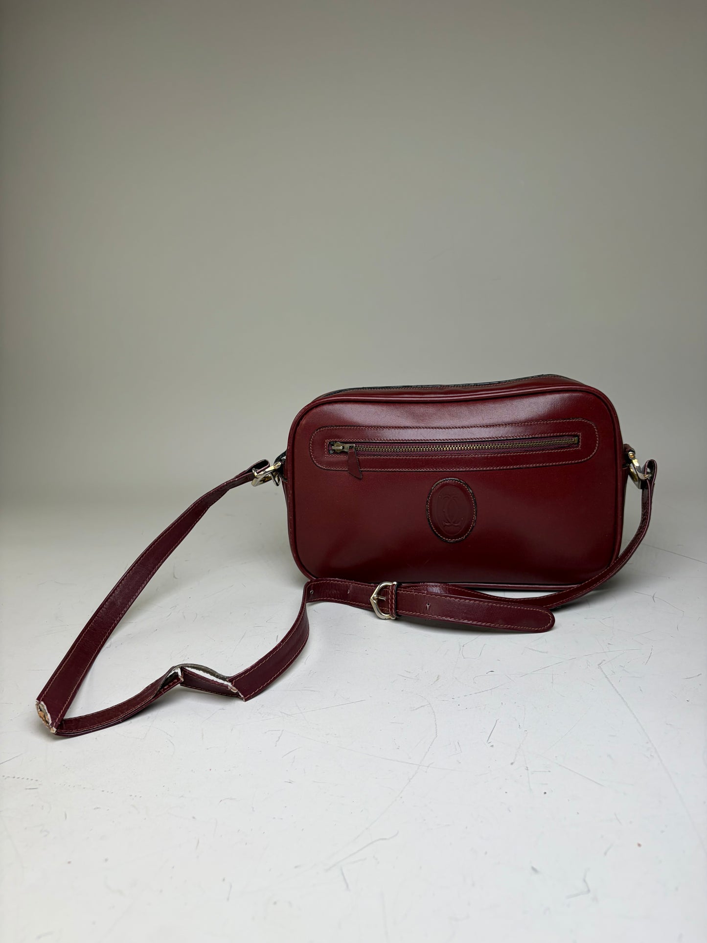 Vintage Cartier Smooth Leather Shoulder Bag Burgundy Gold
