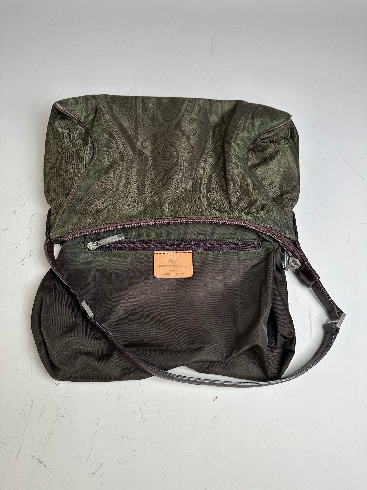 Vintage Etro Silk Blend Shoulder Bag Olive Brown Silver