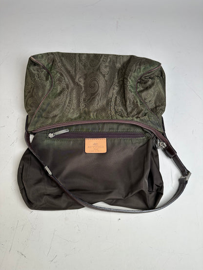 Vintage Etro Silk Blend Shoulder Bag Olive Brown Silver