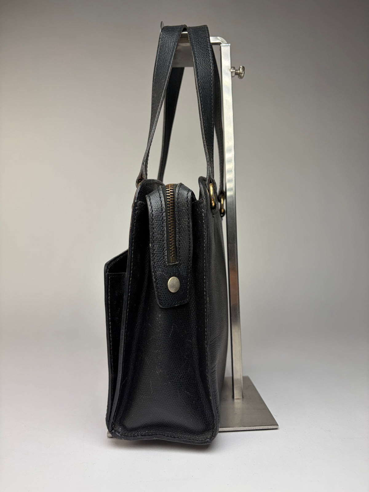 Vintage Celine Structured Grained Leather Top-Handle Bag Late 1980s Black