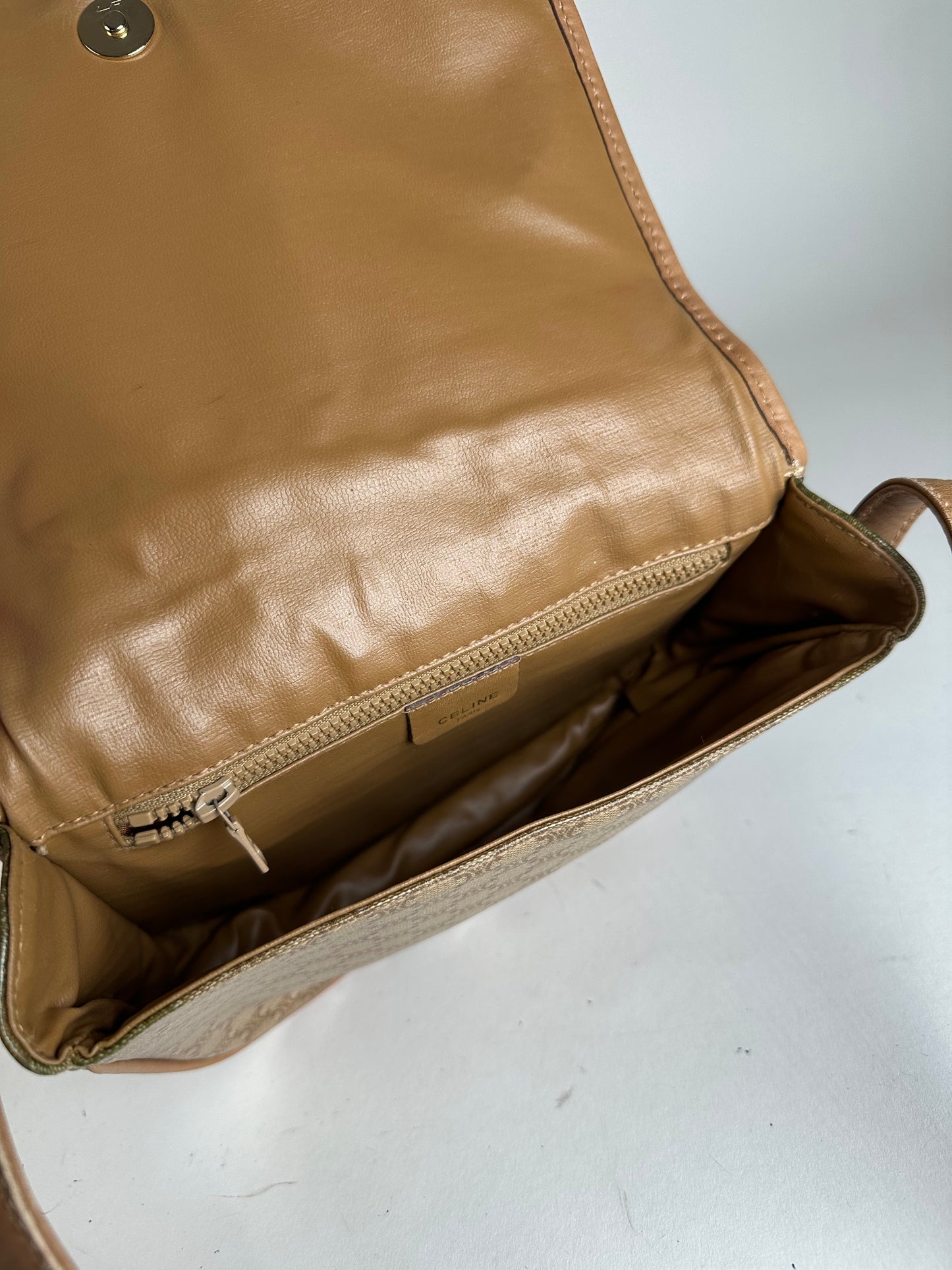 Vintage Celine Paris Triomphe Monogram leather Shoulder Bag Beige Gold