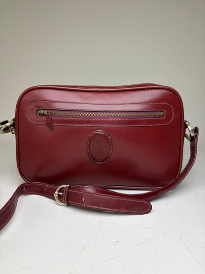 Vintage Cartier Smooth Leather Shoulder Bag Burgundy Gold