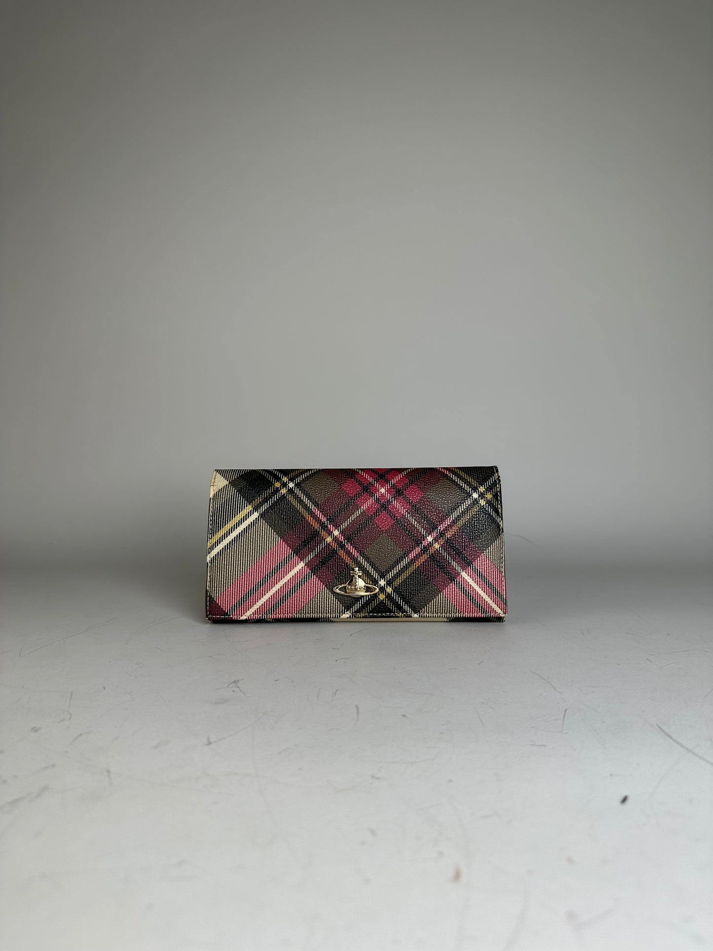 Vintage Vivienne Westwood Check Coated Canvas Wallet Beige Pink