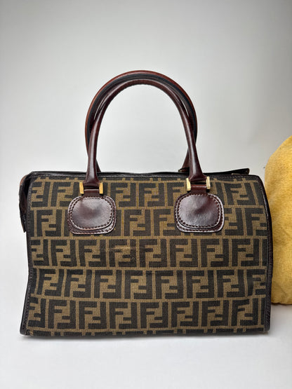 Vintage 70s Fendi Leather Canvas FF Monogram Handbag Brown