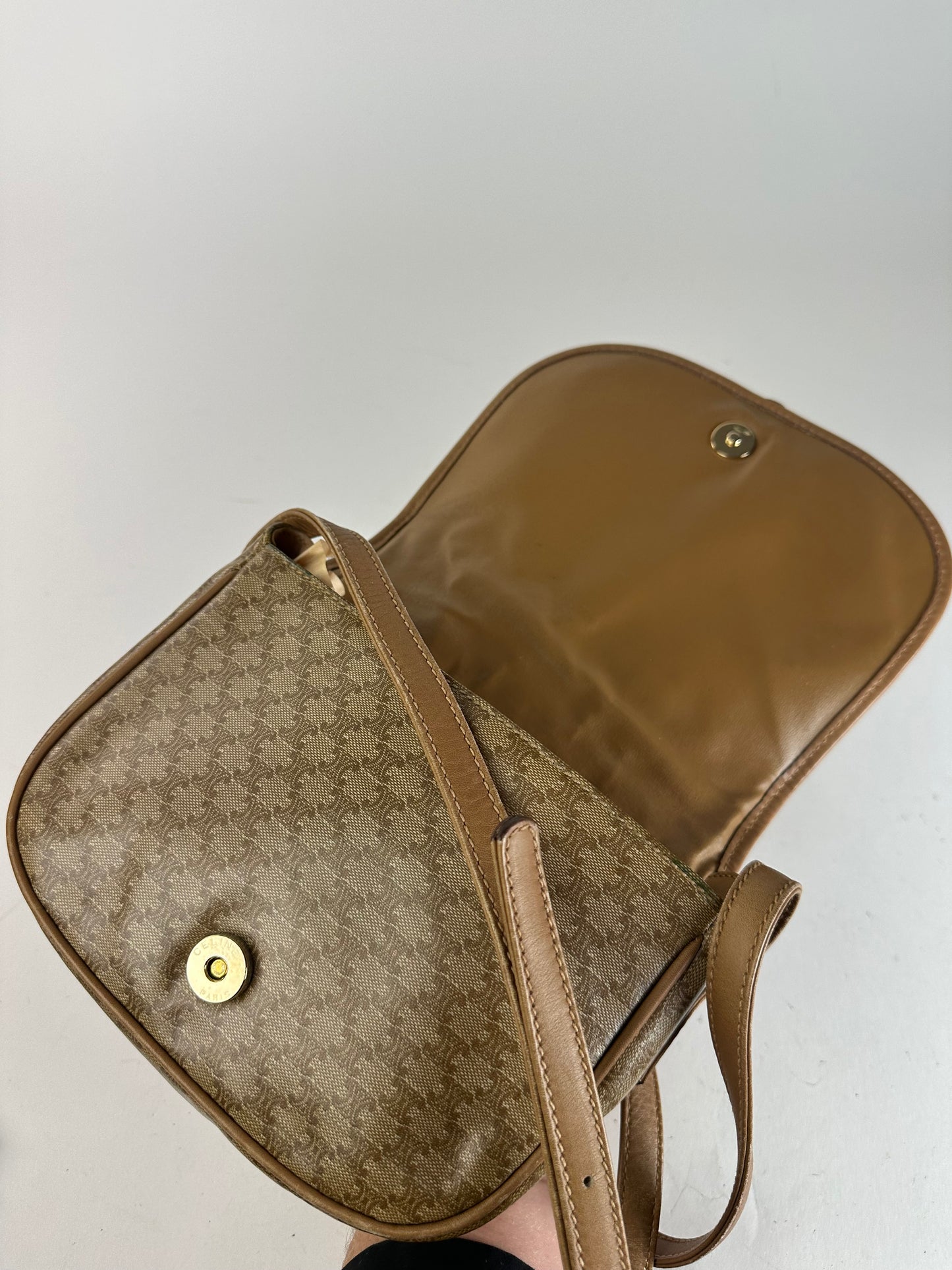 Vintage Celine Paris Triomphe Monogram leather Shoulder Bag Beige Gold