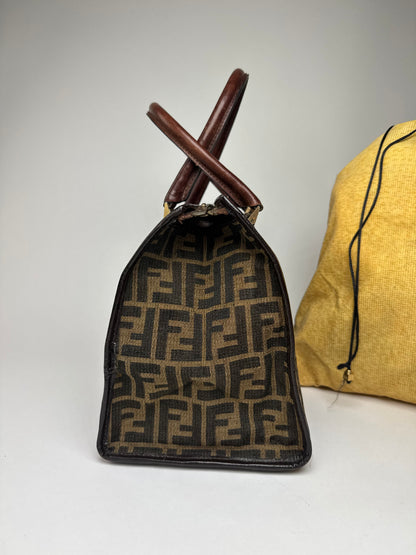 Vintage 70s Fendi Leather Canvas FF Monogram Handbag Brown