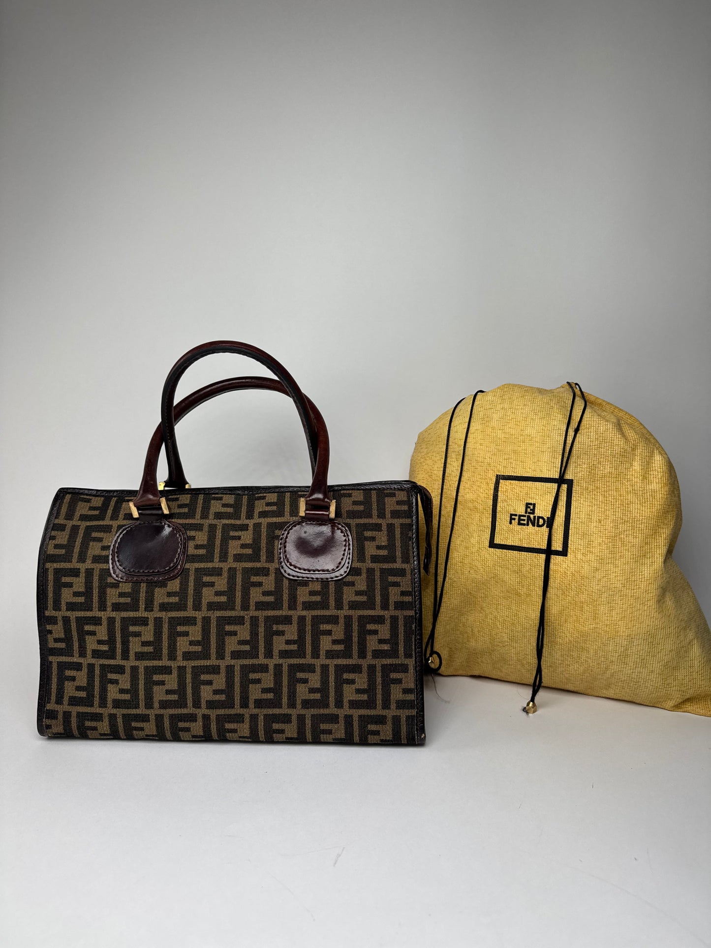 Vintage 70s Fendi Leather Canvas FF Monogram Handbag Brown