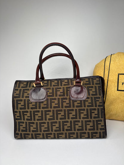 Vintage 70s Fendi Leather Canvas FF Monogram Handbag Brown