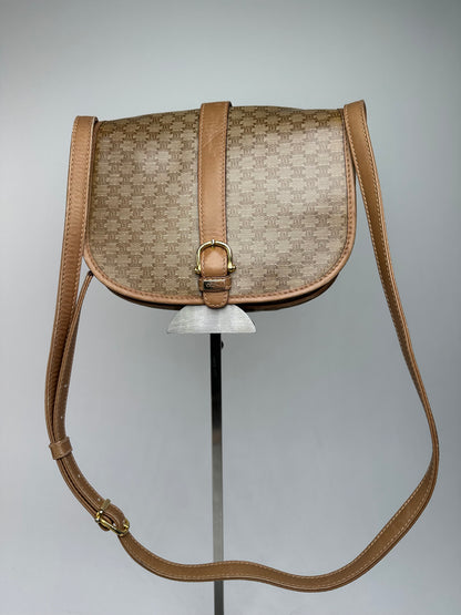 Vintage Celine Paris Triomphe Monogram leather Shoulder Bag Beige Gold