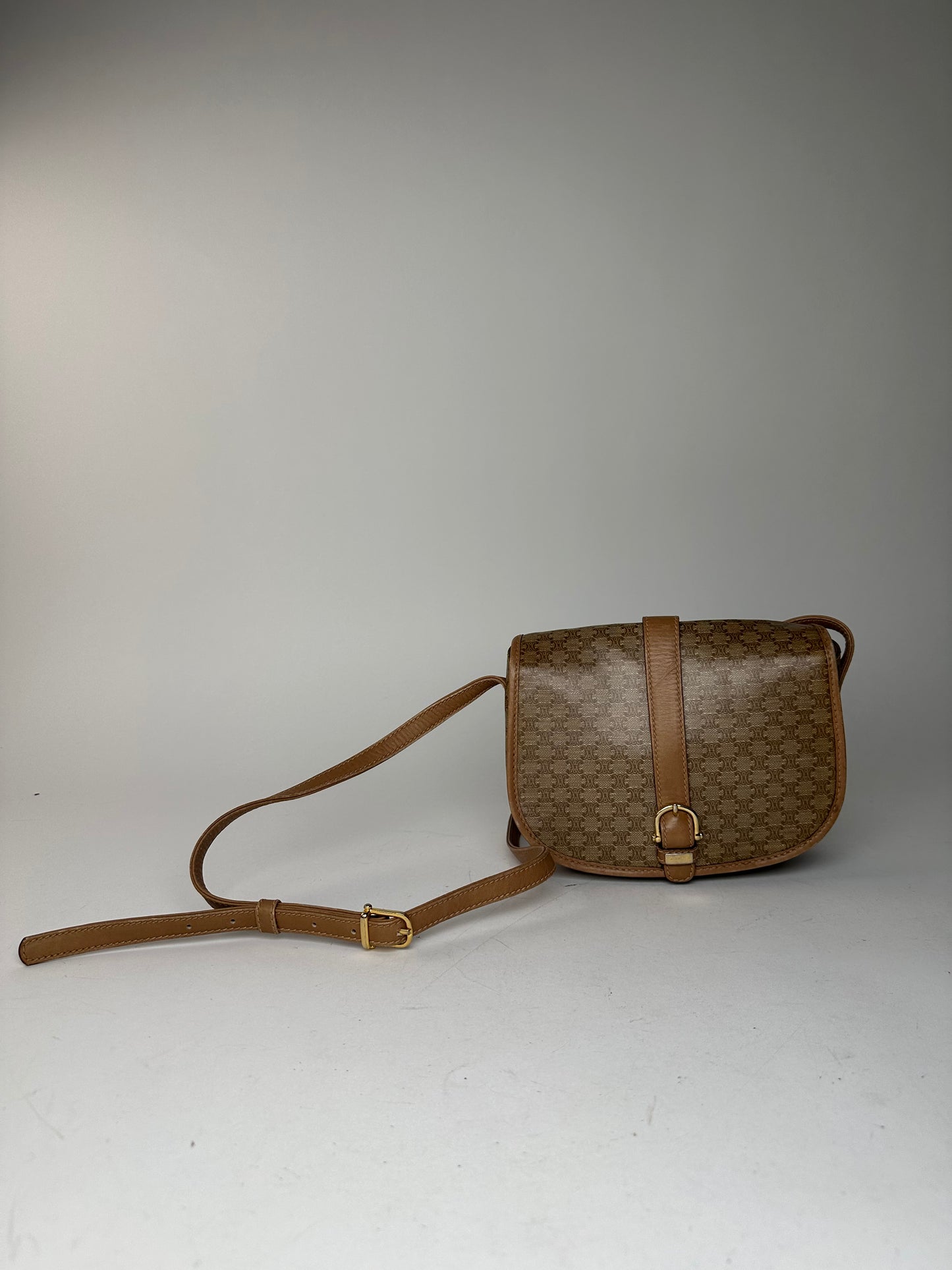 Vintage Celine Paris Triomphe Monogram leather Shoulder Bag Beige Gold