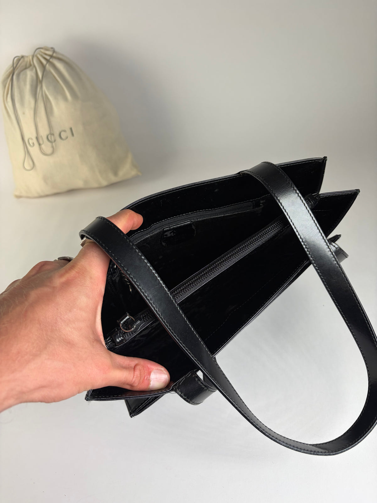 Vintage Gucci Patent Leather Tote Late 1990s Black Silver