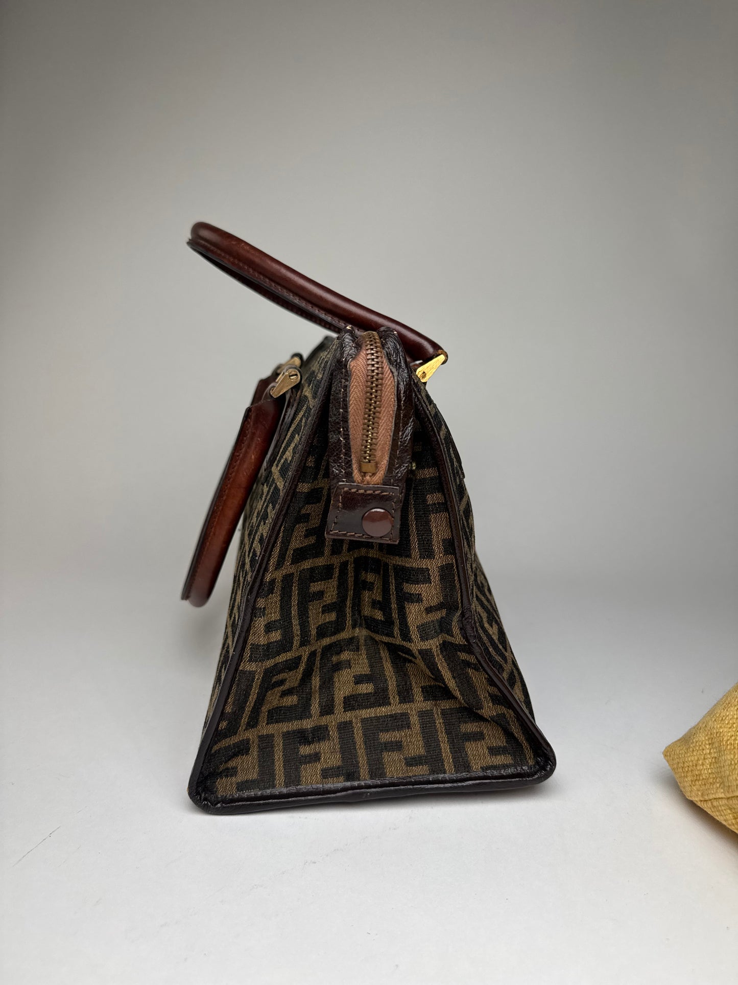 Vintage 70s Fendi Leather Canvas FF Monogram Handbag Brown