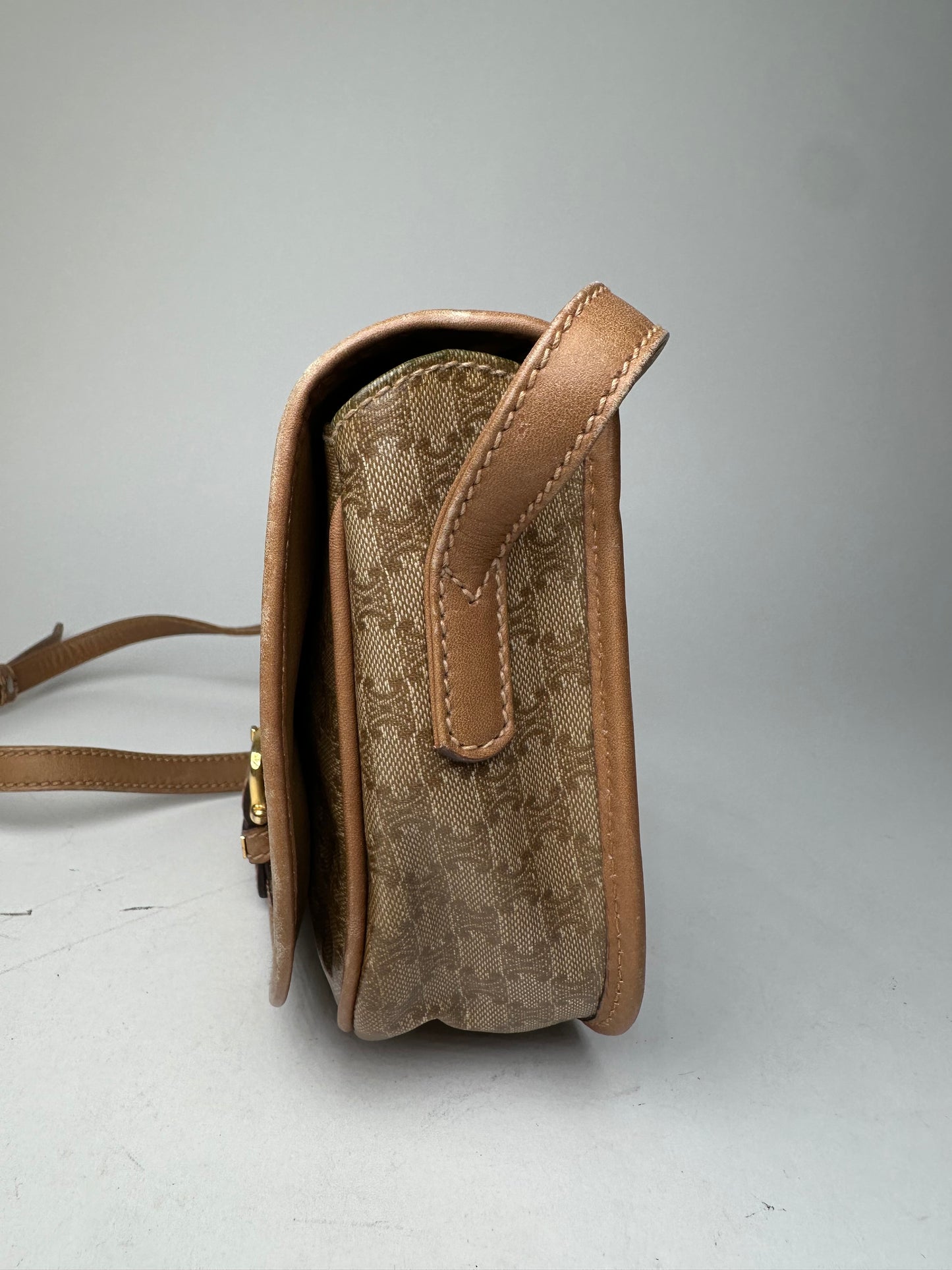 Vintage Celine Paris Triomphe Monogram leather Shoulder Bag Beige Gold