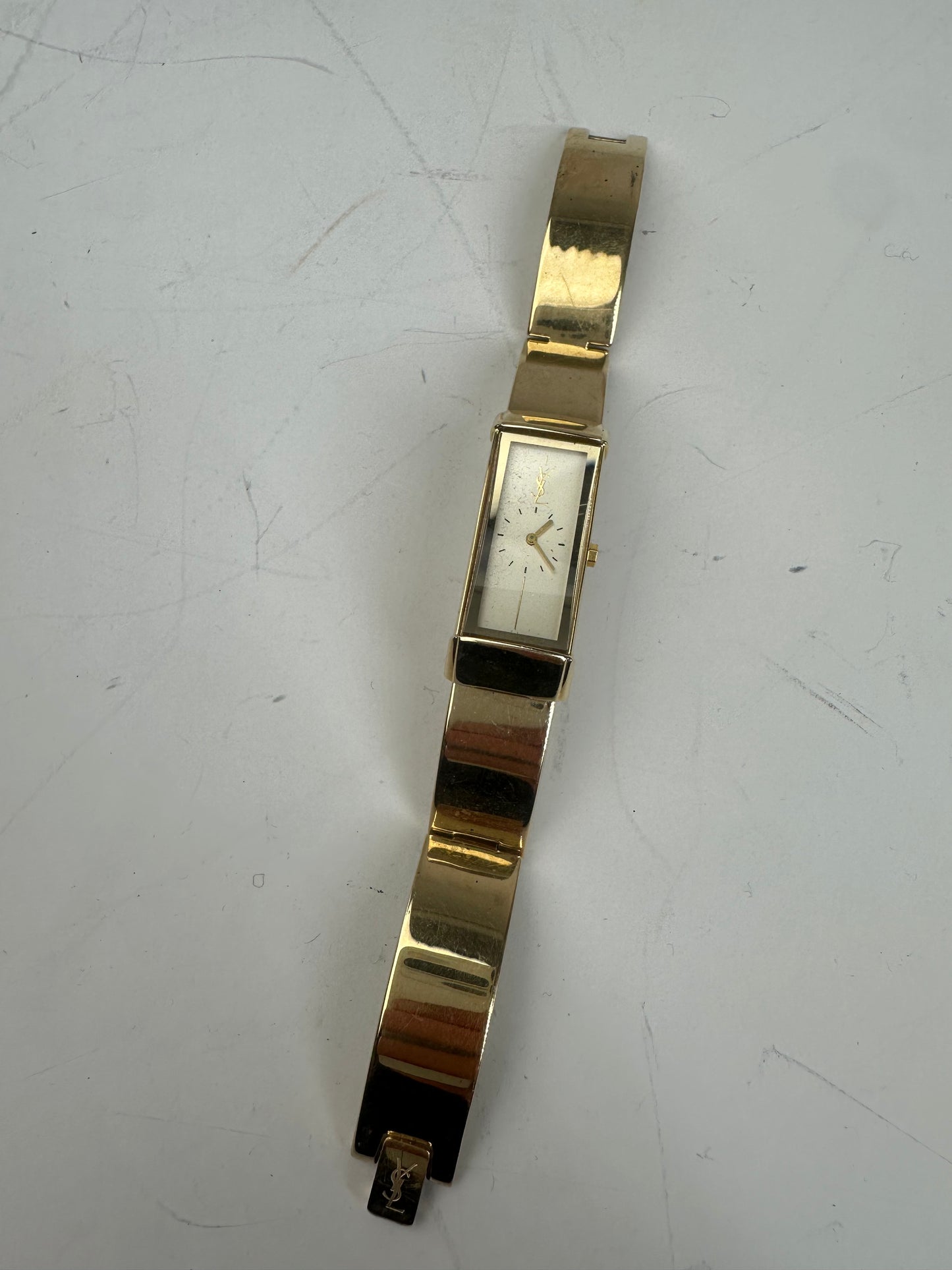 Vintage Saint Laurent Logo Bracelet Watch Gold Plated White