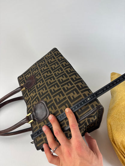 Vintage 70s Fendi Leather Canvas FF Monogram Handbag Brown