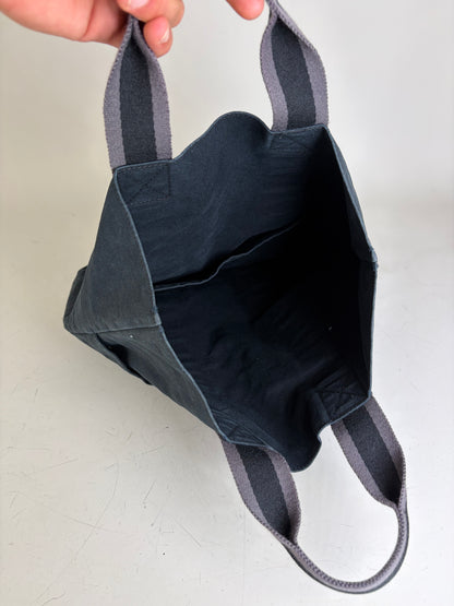 Vintage Hermes Cabas Tote Bag Dark Blue Grey Striped Cotton