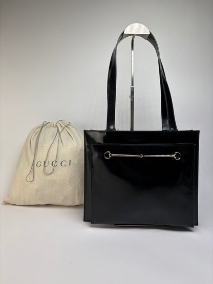 Vintage Gucci Patent Leather Tote Late 1990s Black Silver