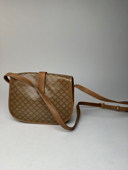 Vintage Celine Paris Triomphe Monogram leather Shoulder Bag Beige Gold