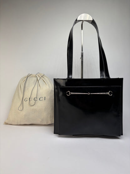 Vintage Gucci Patent Leather Tote Late 1990s Black Silver