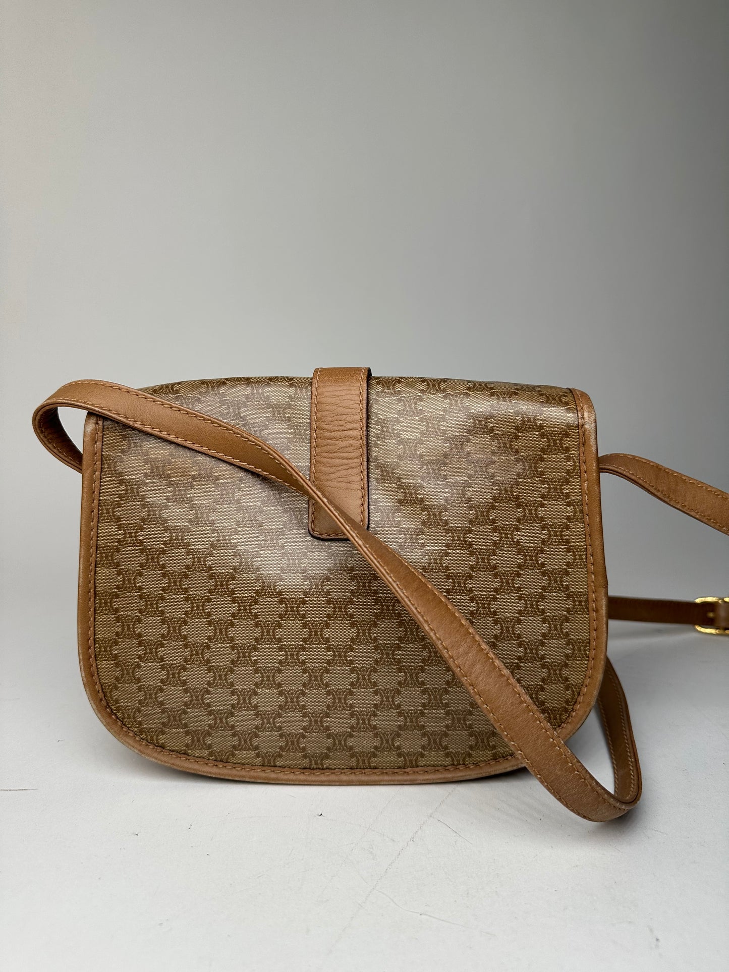 Vintage Celine Paris Triomphe Monogram leather Shoulder Bag Beige Gold