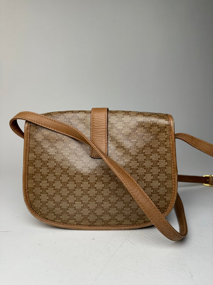 Vintage Celine Paris Triomphe Monogram leather Shoulder Bag Beige Gold