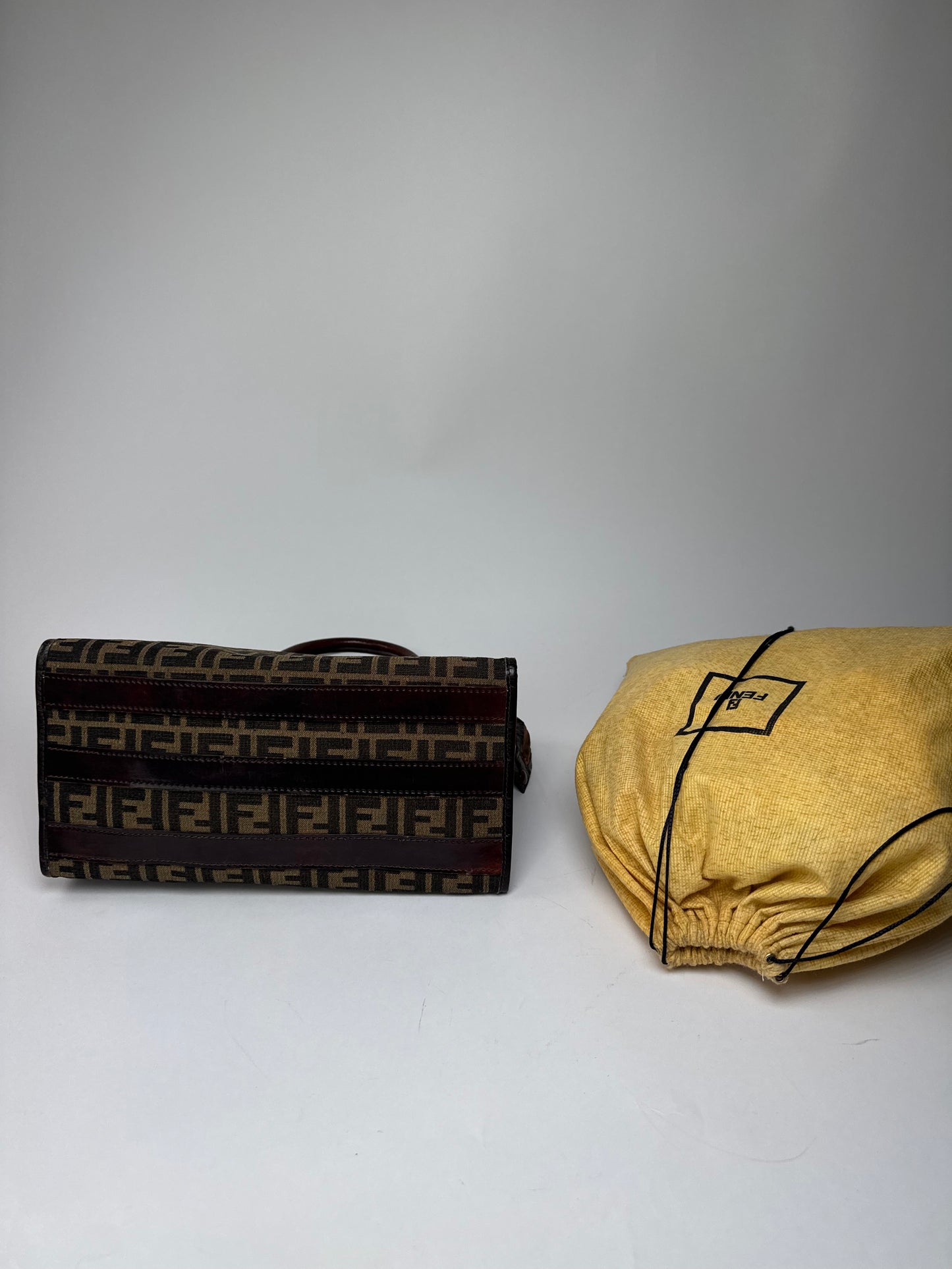 Vintage 70s Fendi Leather Canvas FF Monogram Handbag Brown