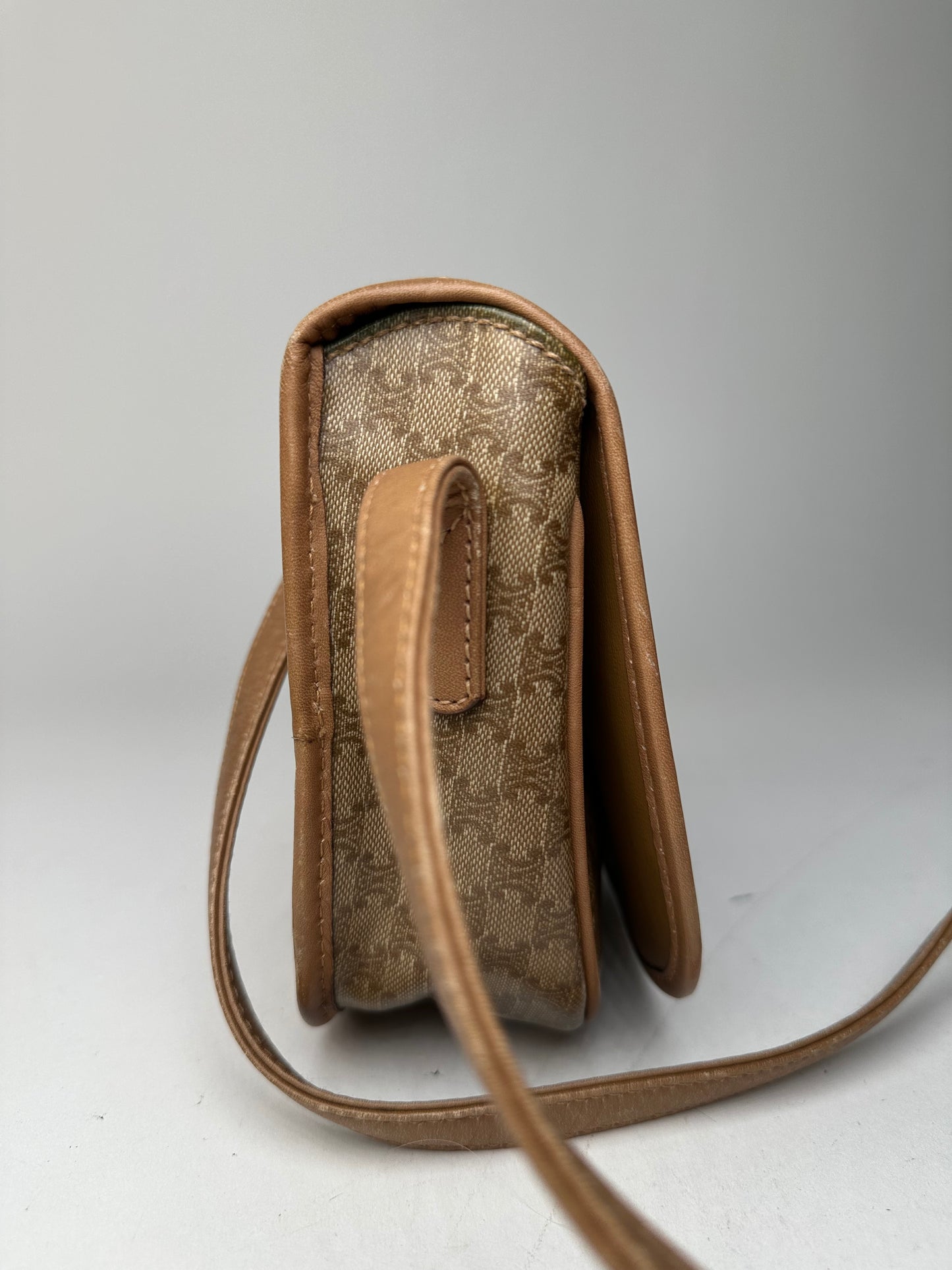 Vintage Celine Paris Triomphe Monogram leather Shoulder Bag Beige Gold