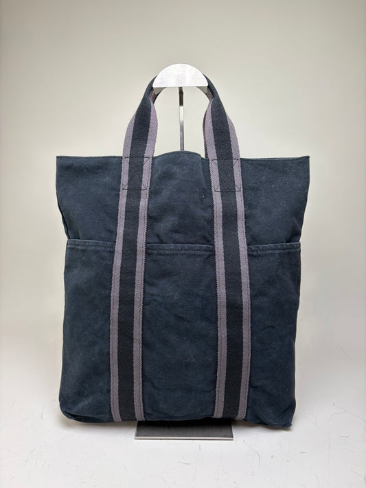 Vintage Hermes Cabas Tote Bag Dark Blue Grey Striped Cotton