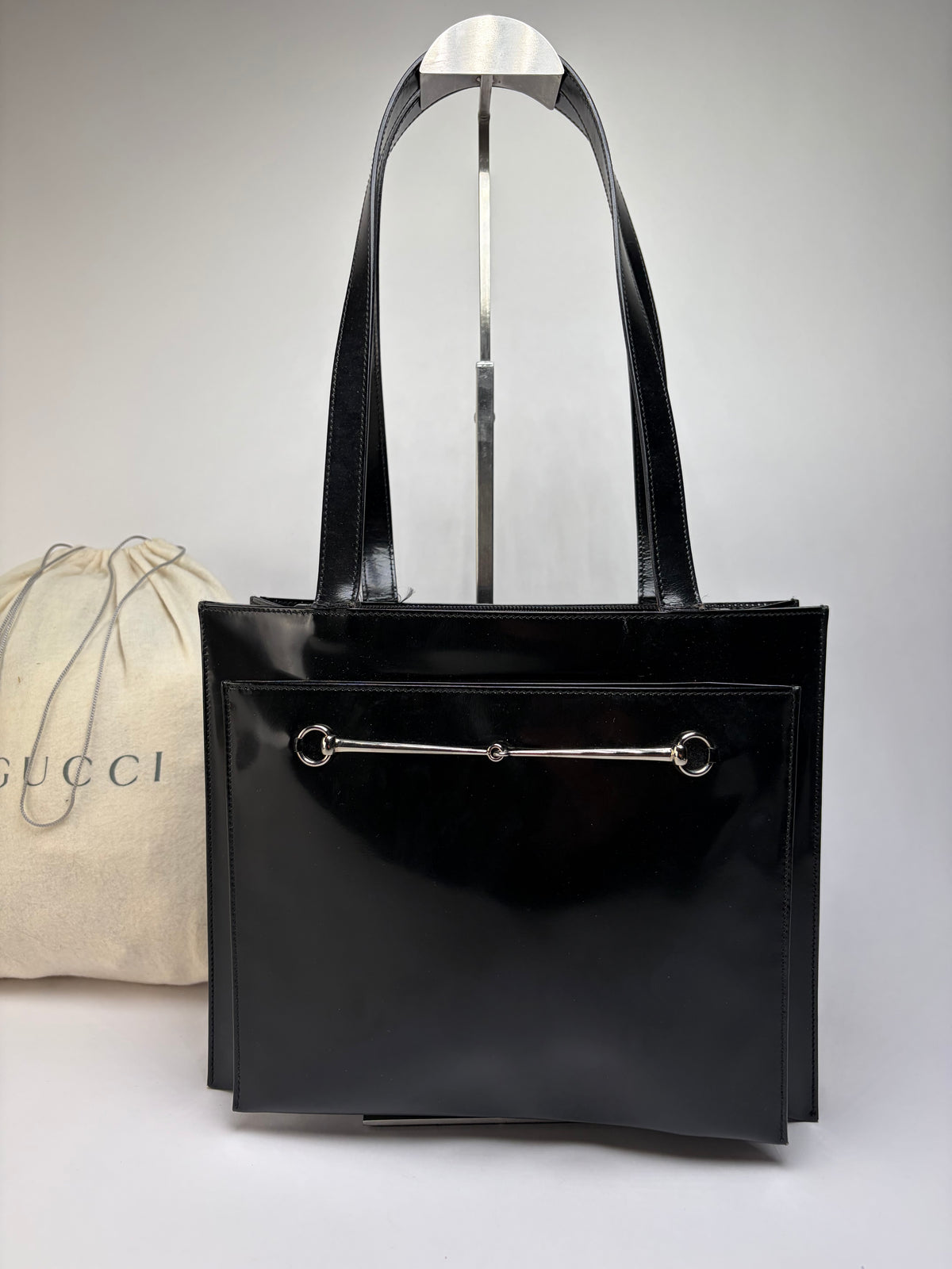 Vintage Gucci Patent Leather Tote Late 1990s Black Silver