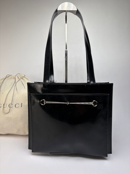 Vintage Gucci Patent Leather Tote Late 1990s Black Silver