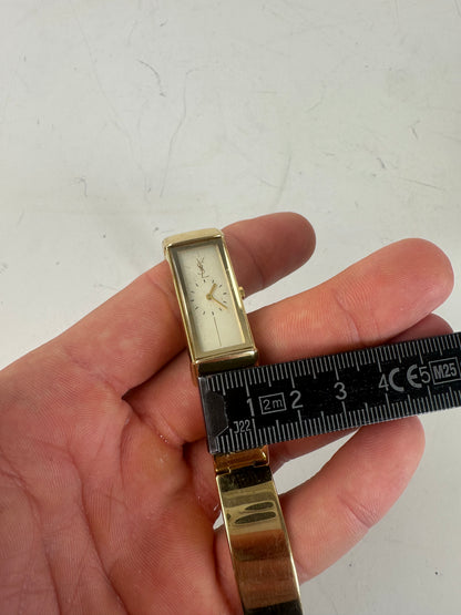 Vintage Saint Laurent Logo Bracelet Watch Gold Plated White