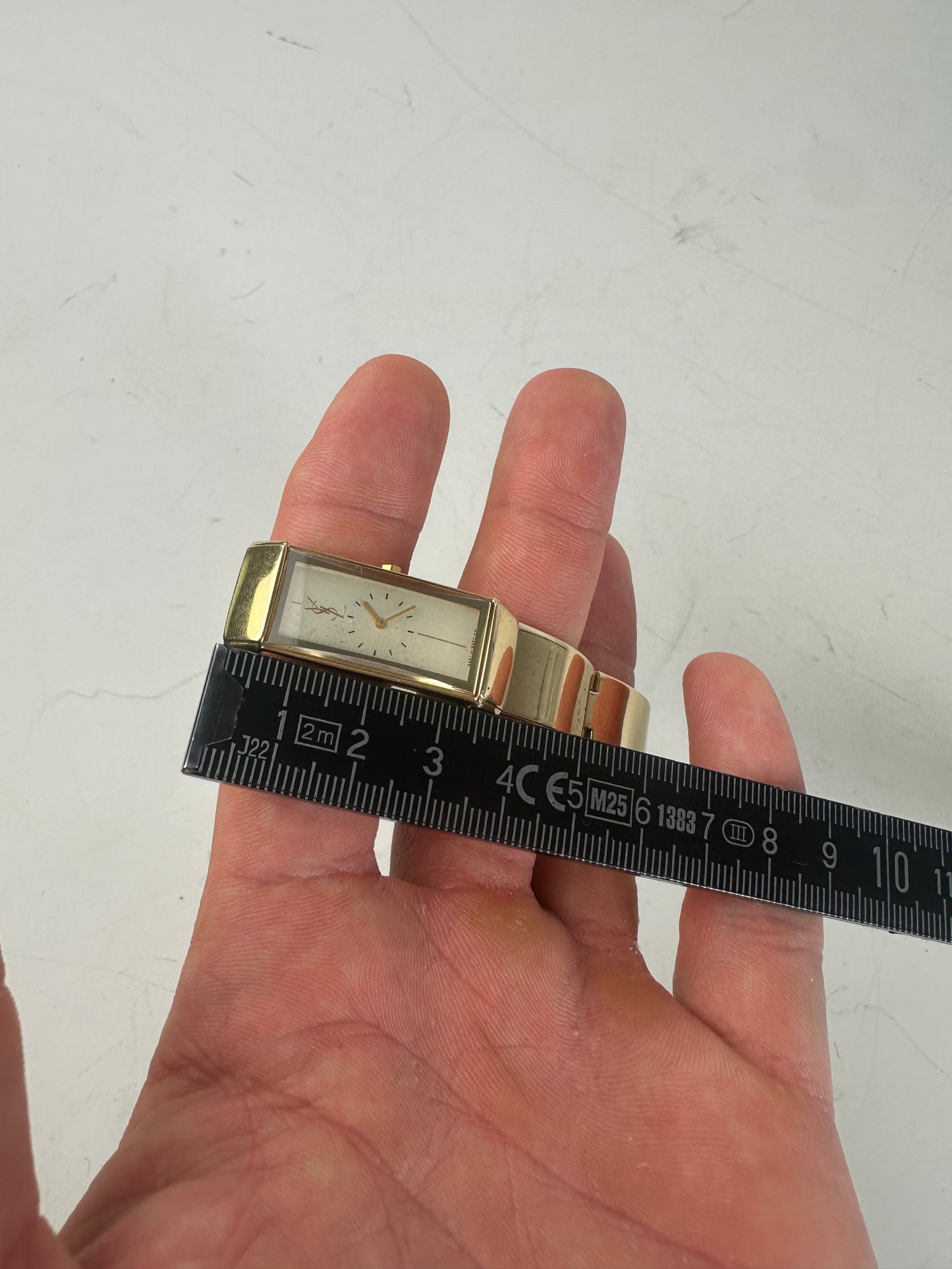 Vintage Saint Laurent Logo Bracelet Watch Gold Plated White