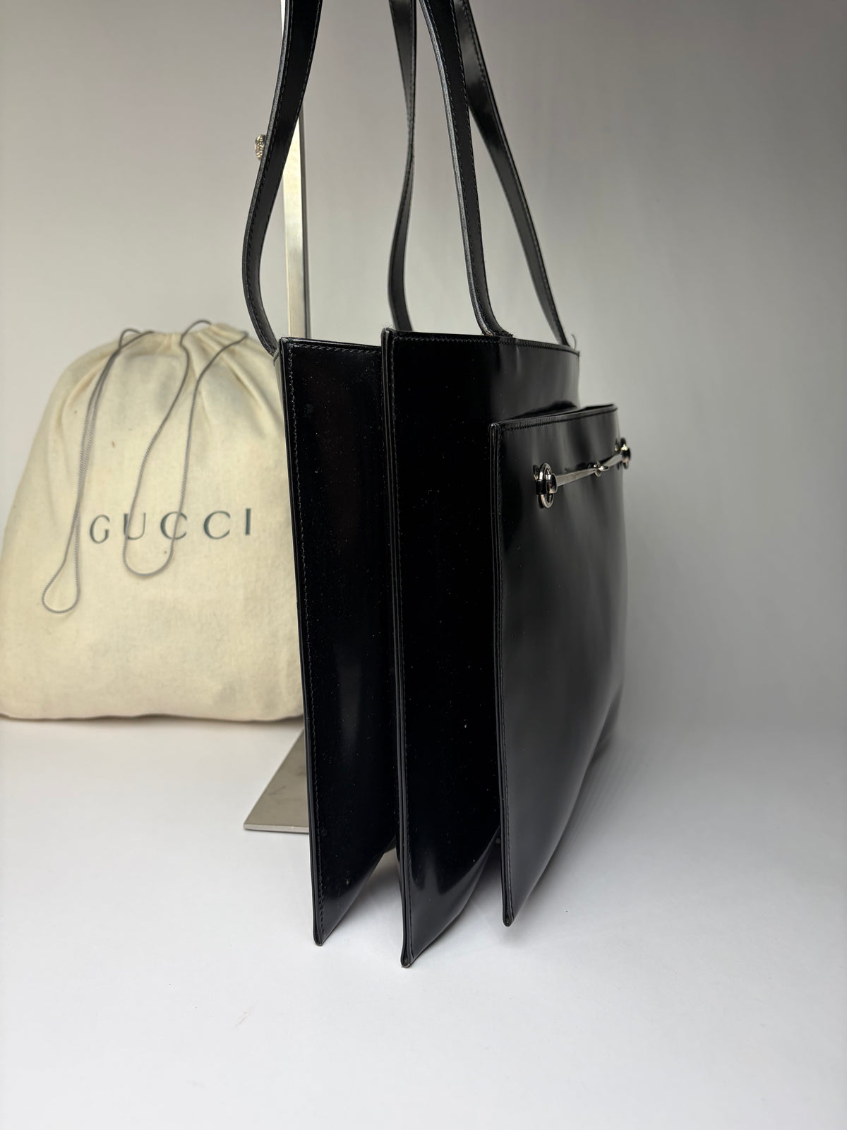 Vintage Gucci Patent Leather Tote Late 1990s Black Silver