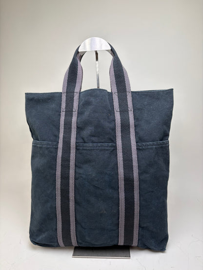 Vintage Hermes Cabas Tote Bag Dark Blue Grey Striped Cotton