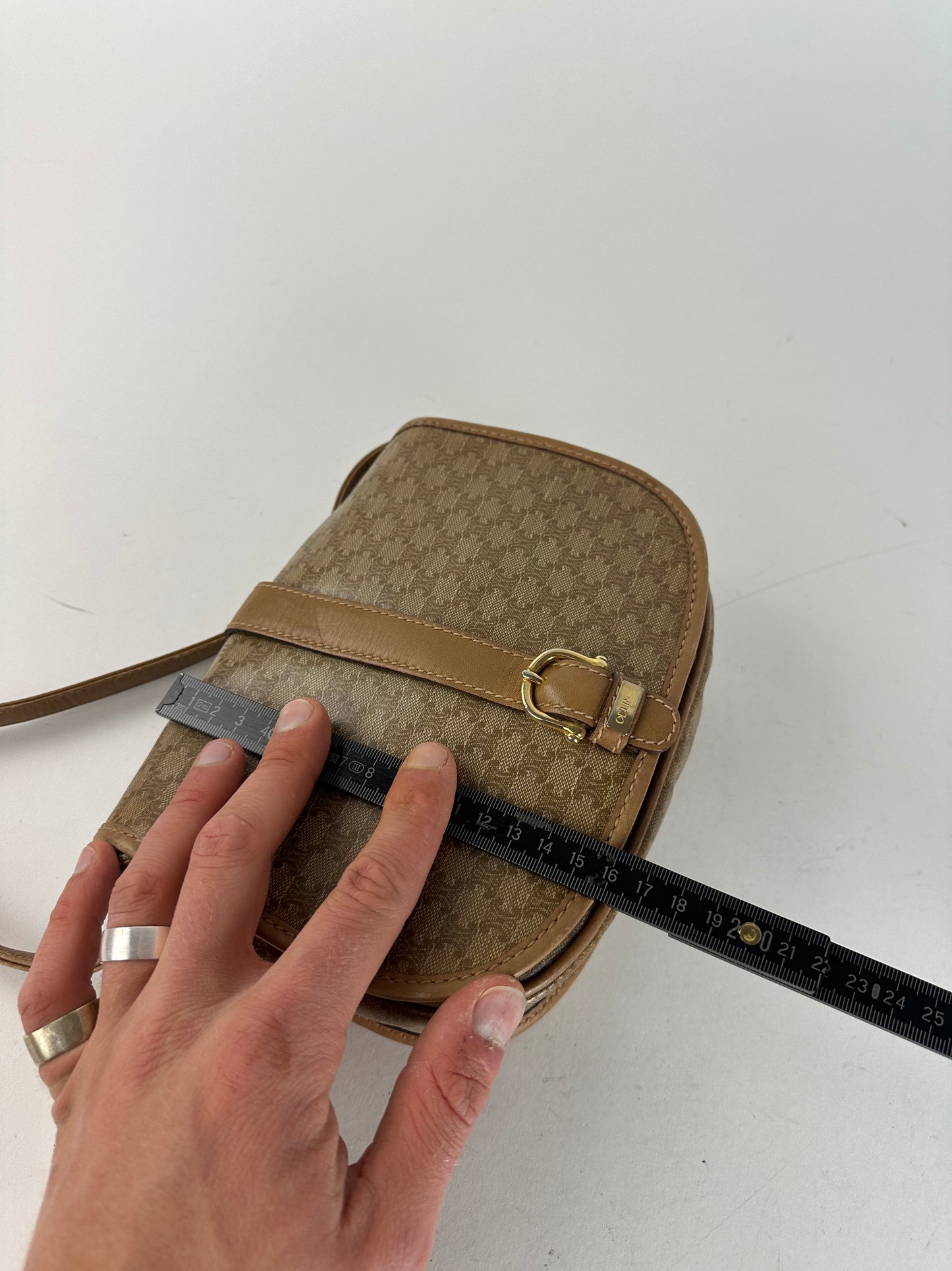 Vintage Celine Paris Triomphe Monogram leather Shoulder Bag Beige Gold