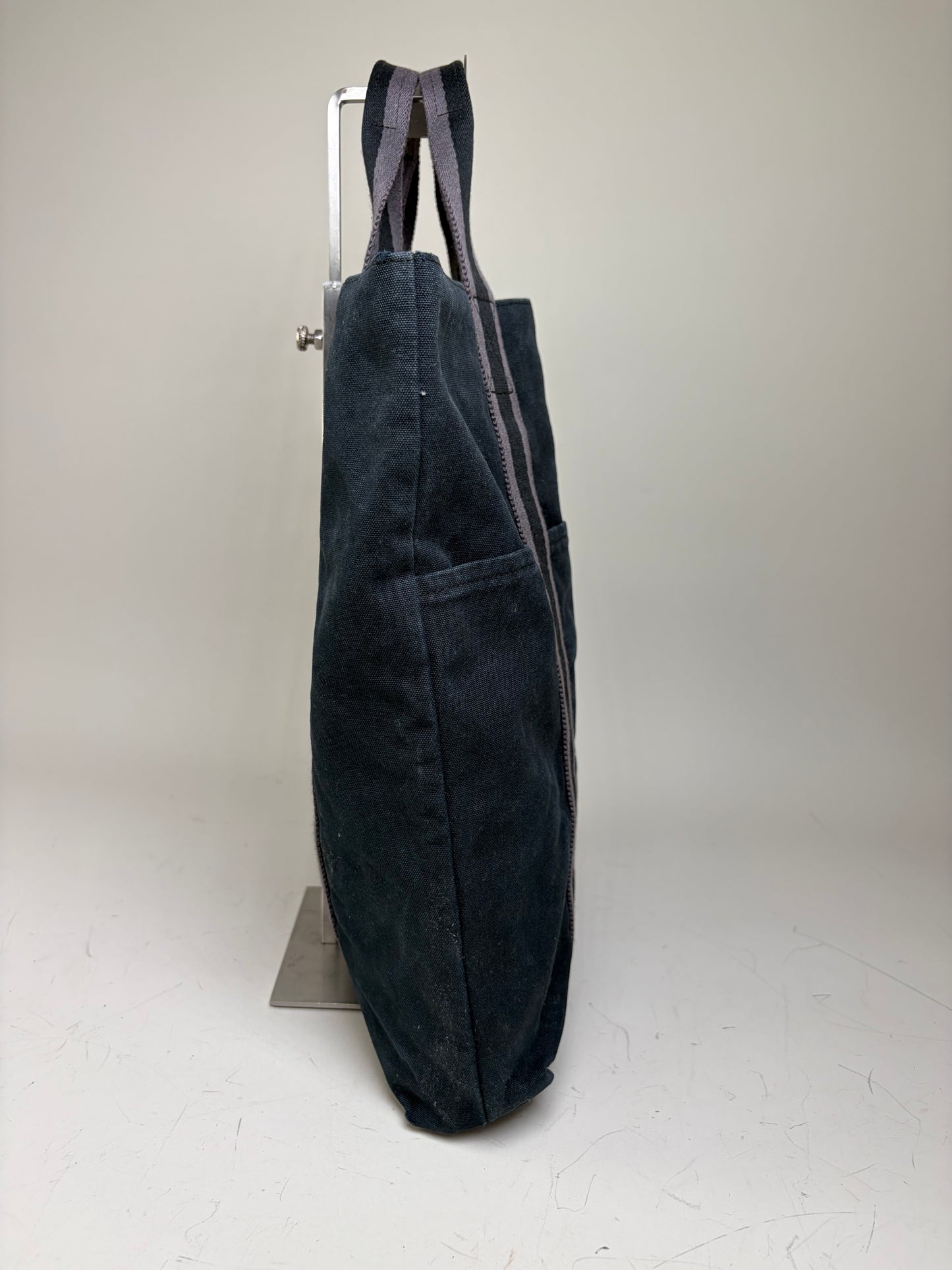 Vintage Hermes Cabas Tote Bag Dark Blue Grey Striped Cotton