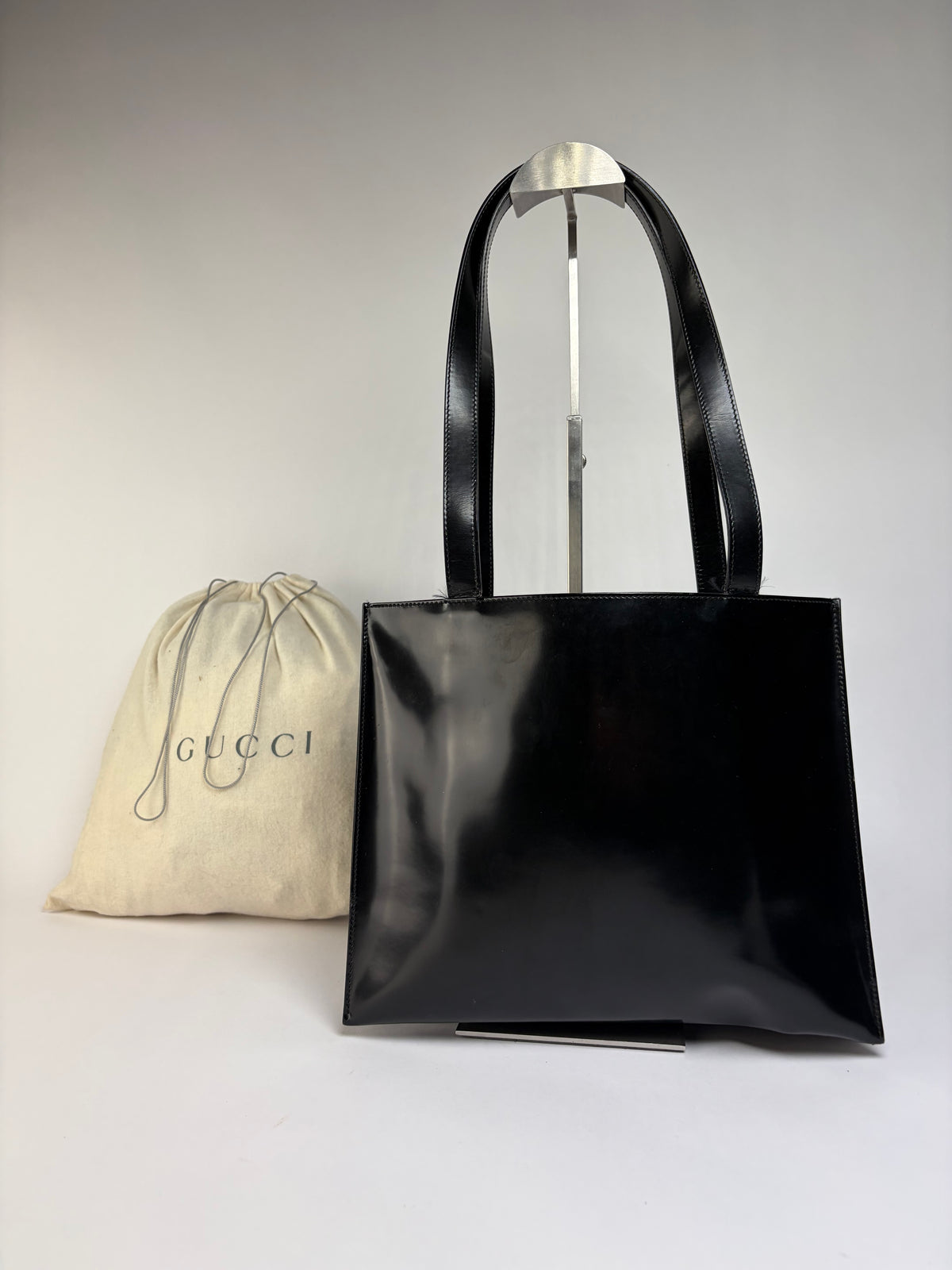 Vintage Gucci Patent Leather Tote Late 1990s Black Silver