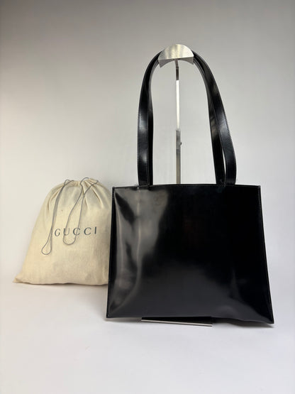 Vintage Gucci Patent Leather Tote Late 1990s Black Silver