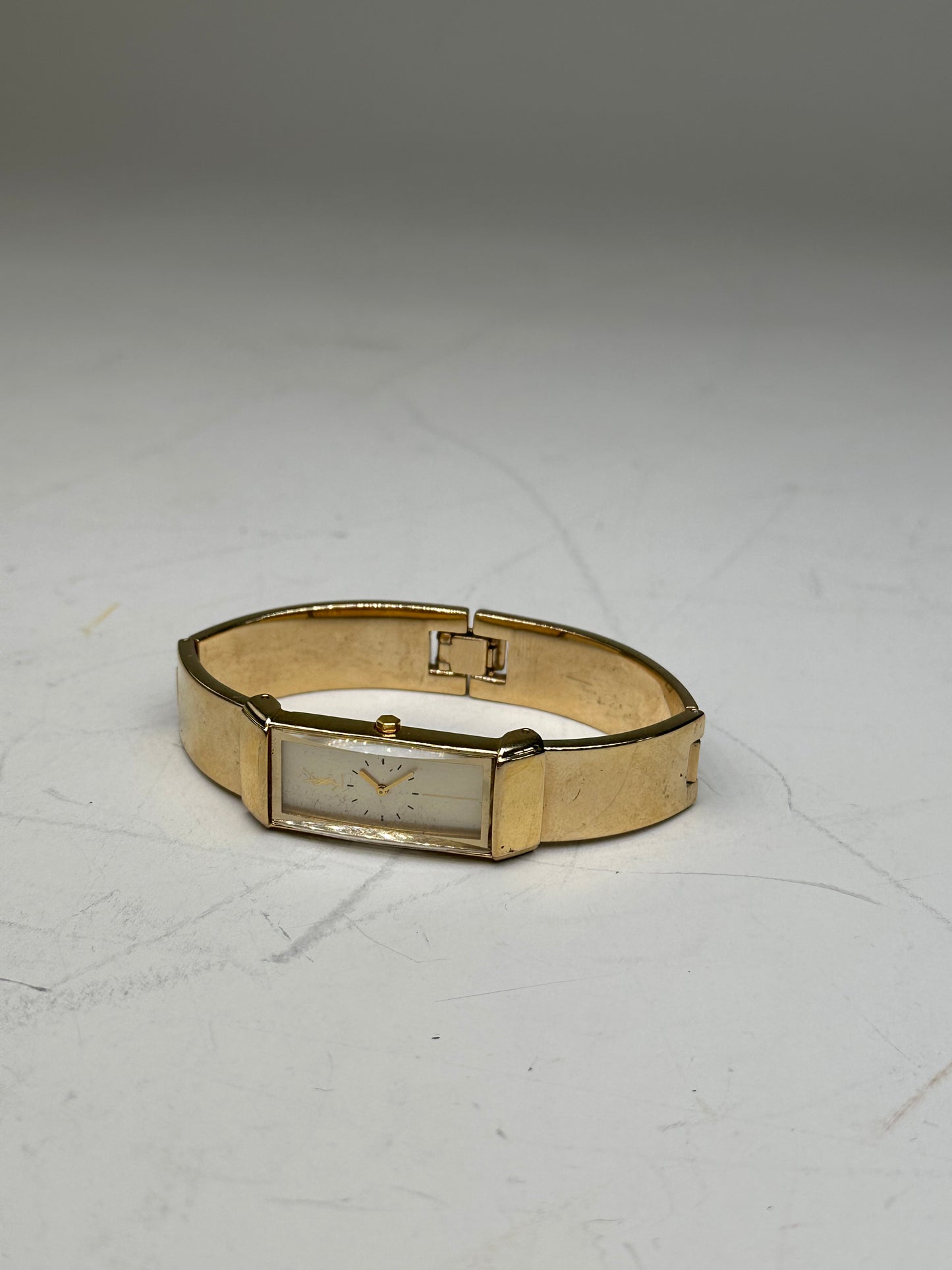 Vintage Saint Laurent Logo Bracelet Watch Gold Plated White