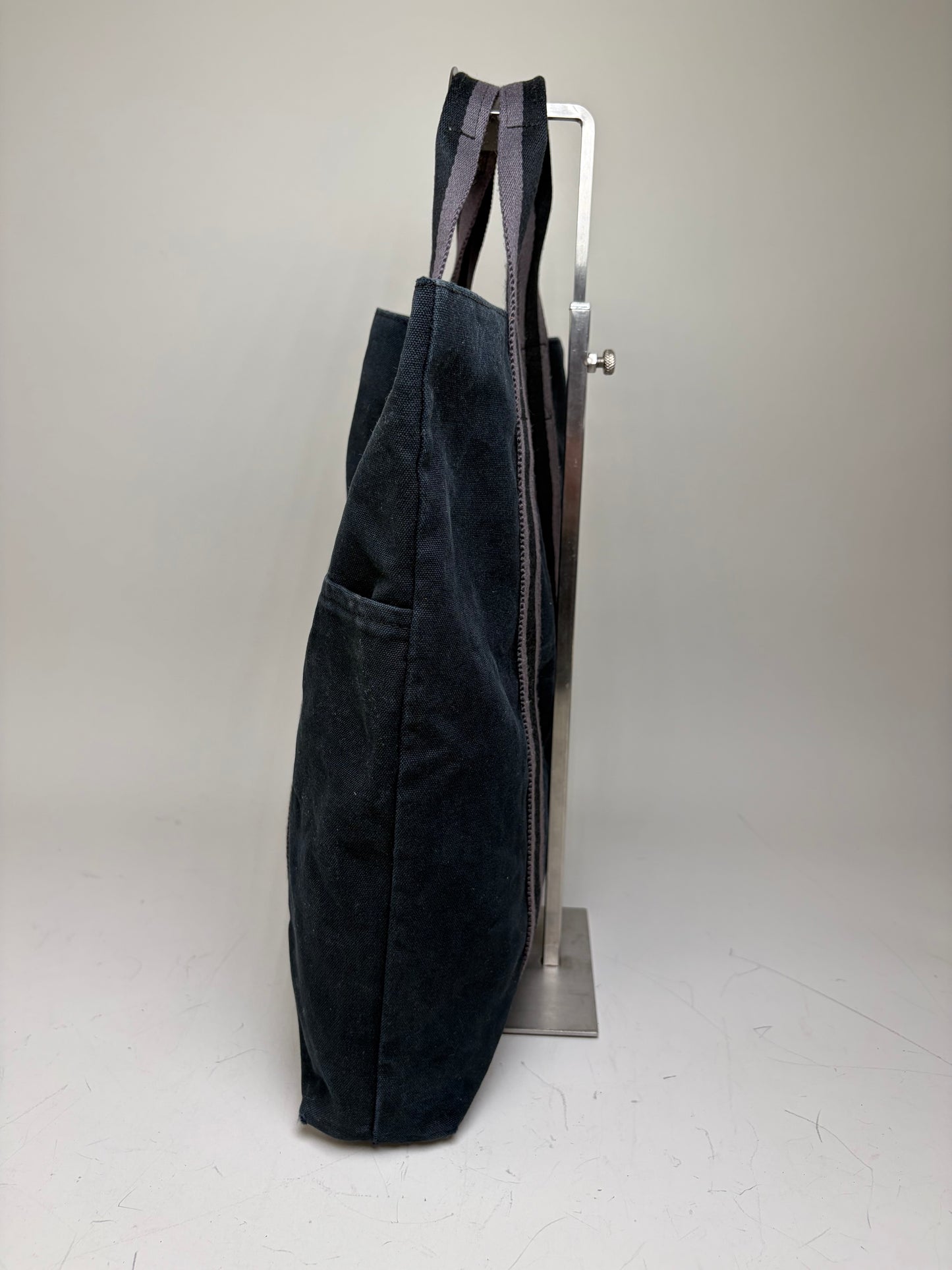 Vintage Hermes Cabas Tote Bag Dark Blue Grey Striped Cotton