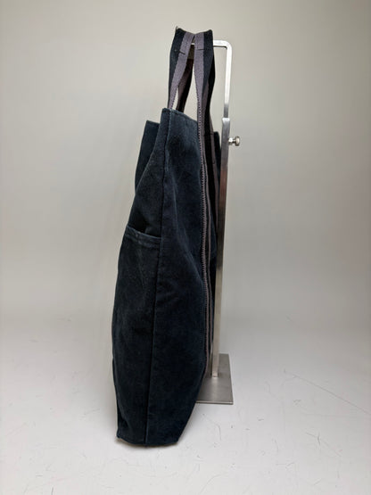 Vintage Hermes Cabas Tote Bag Dark Blue Grey Striped Cotton
