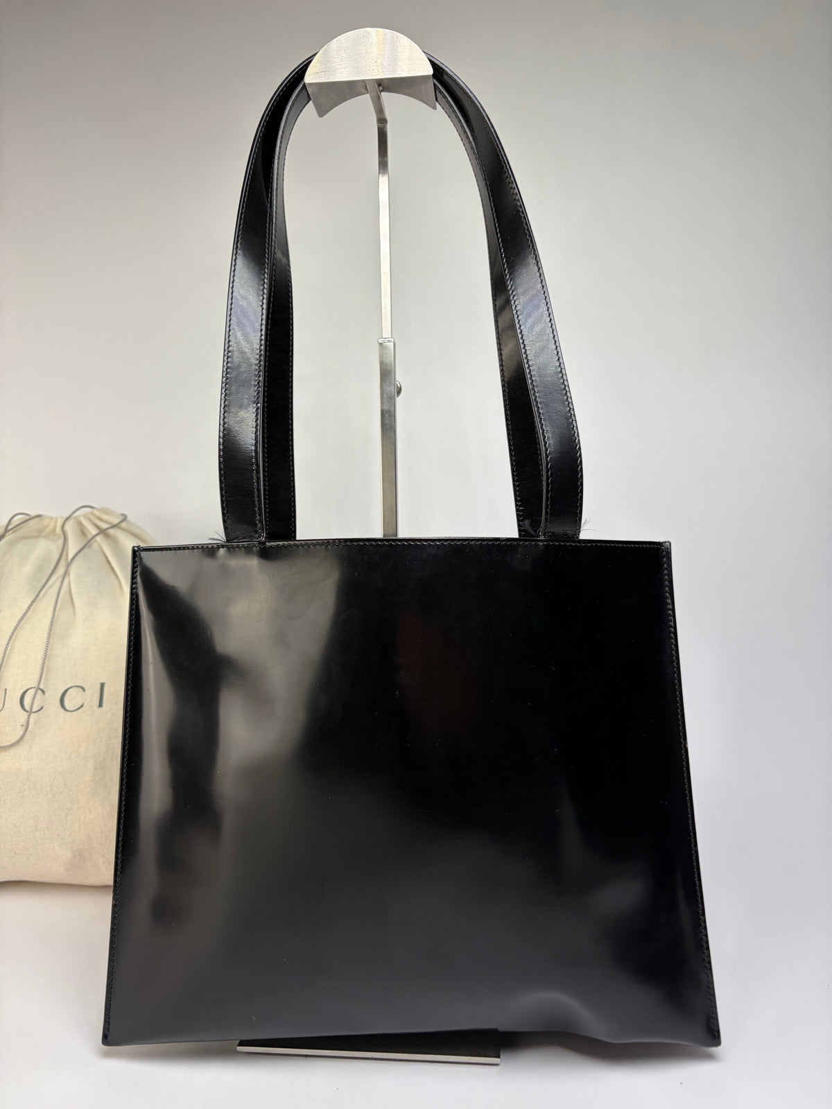 Vintage Gucci Patent Leather Tote Late 1990s Black Silver