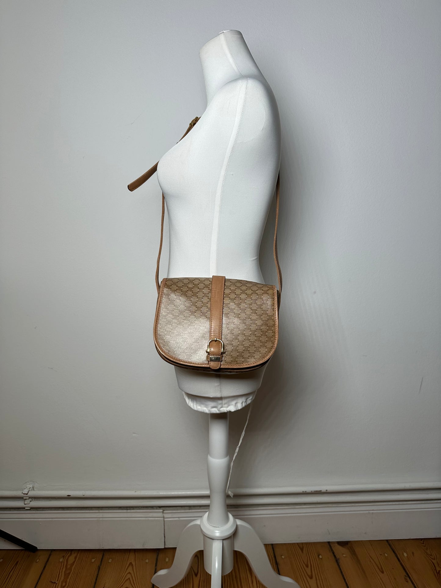 Vintage Celine Paris Triomphe Monogram leather Shoulder Bag Beige Gold