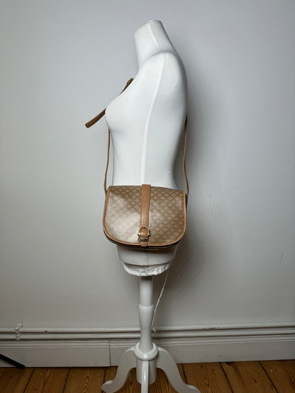 Vintage Celine Paris Triomphe Monogram leather Shoulder Bag Beige Gold