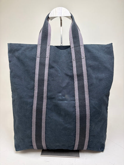 Vintage Hermes Cabas Tote Bag Dark Blue Grey Striped Cotton
