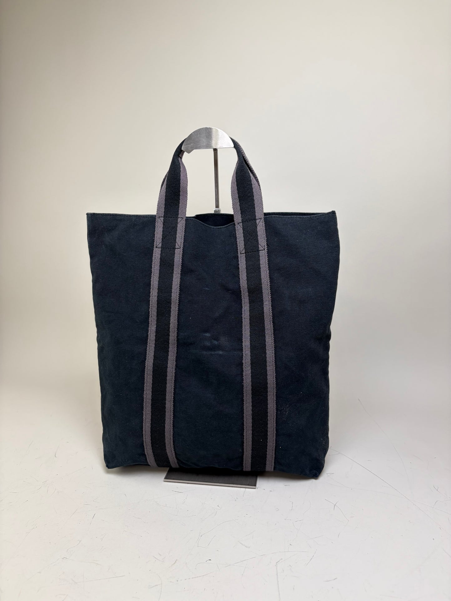 Vintage Hermes Cabas Tote Bag Dark Blue Grey Striped Cotton