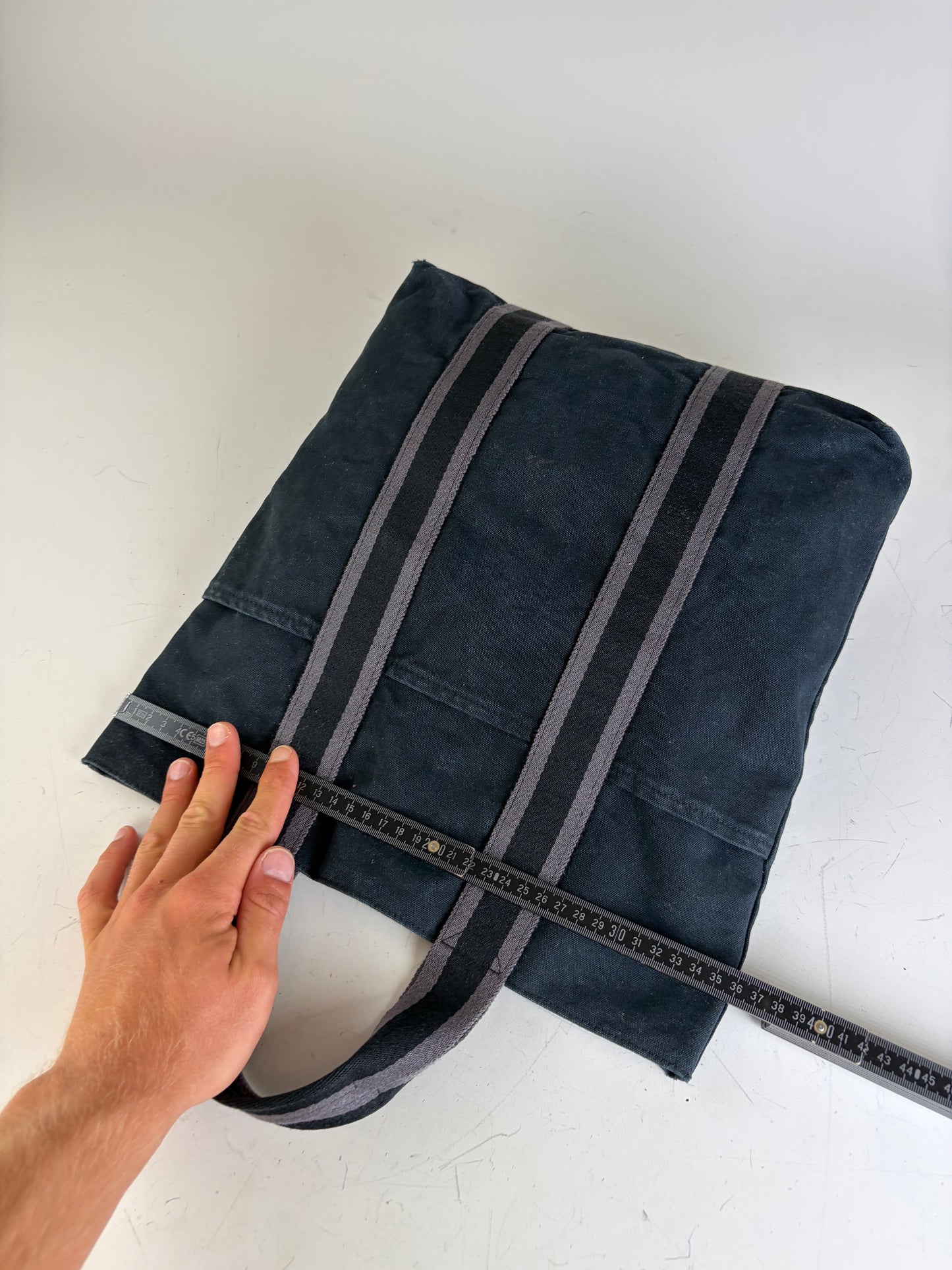 Vintage Hermes Cabas Tote Bag Dark Blue Grey Striped Cotton