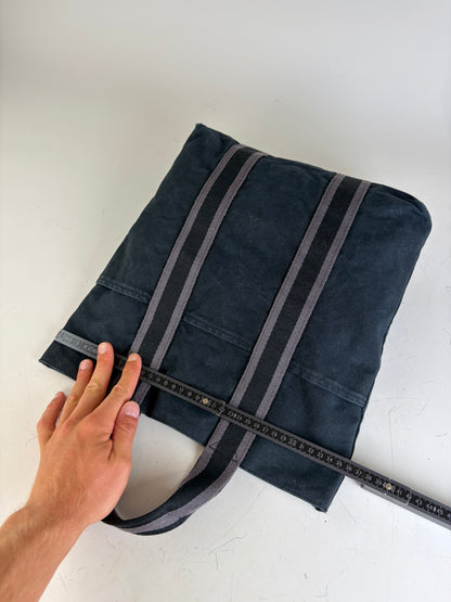 Vintage Hermes Cabas Tote Bag Dark Blue Grey Striped Cotton