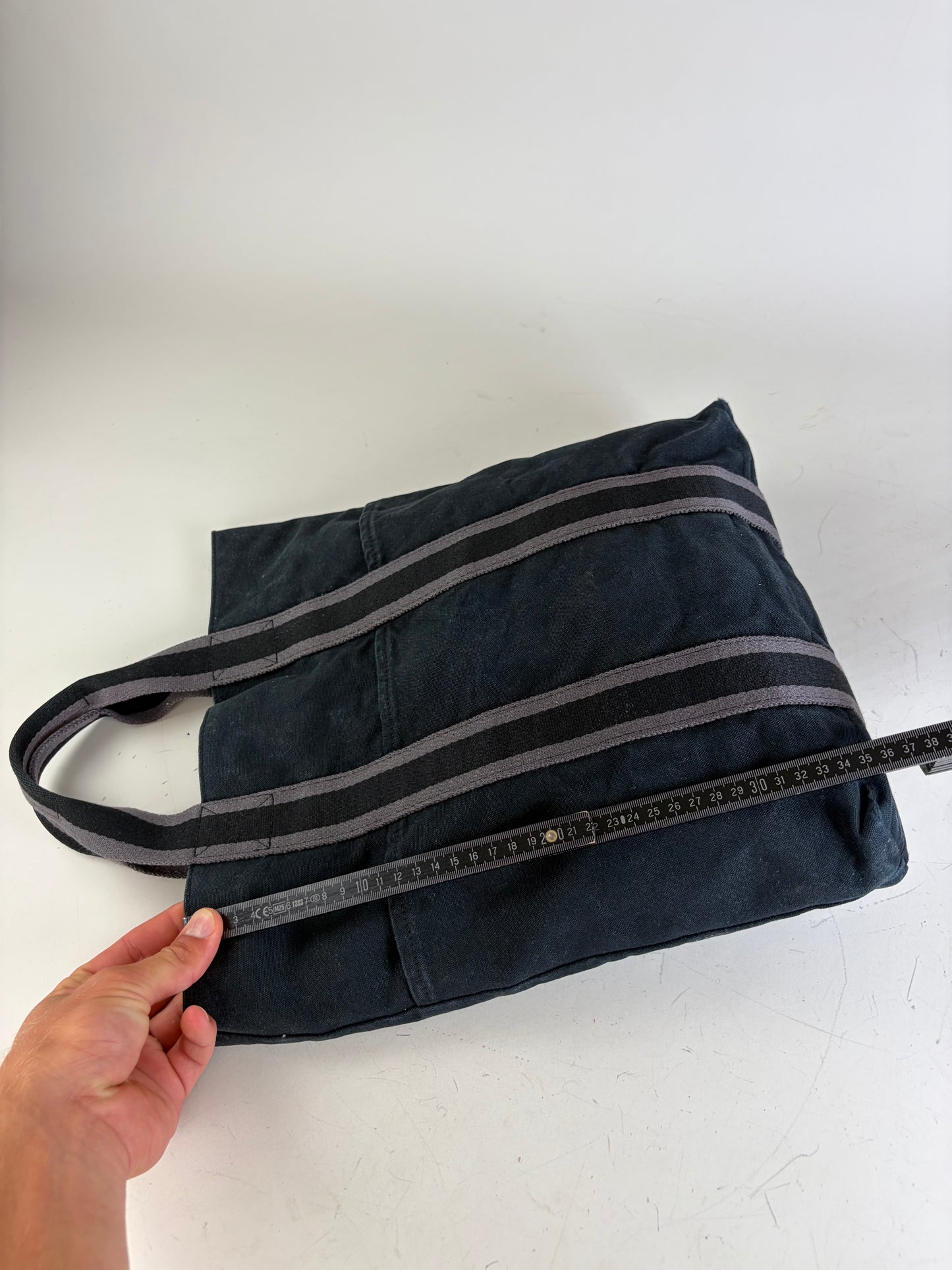 Vintage Hermes Cabas Tote Bag Dark Blue Grey Striped Cotton